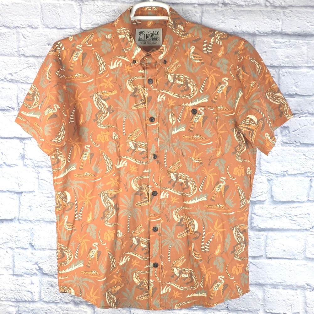 Howler Bros Men Button Down Shirt Orange Crocodile Tropical Hawaiian Sz Medium - Picture 2 of 8